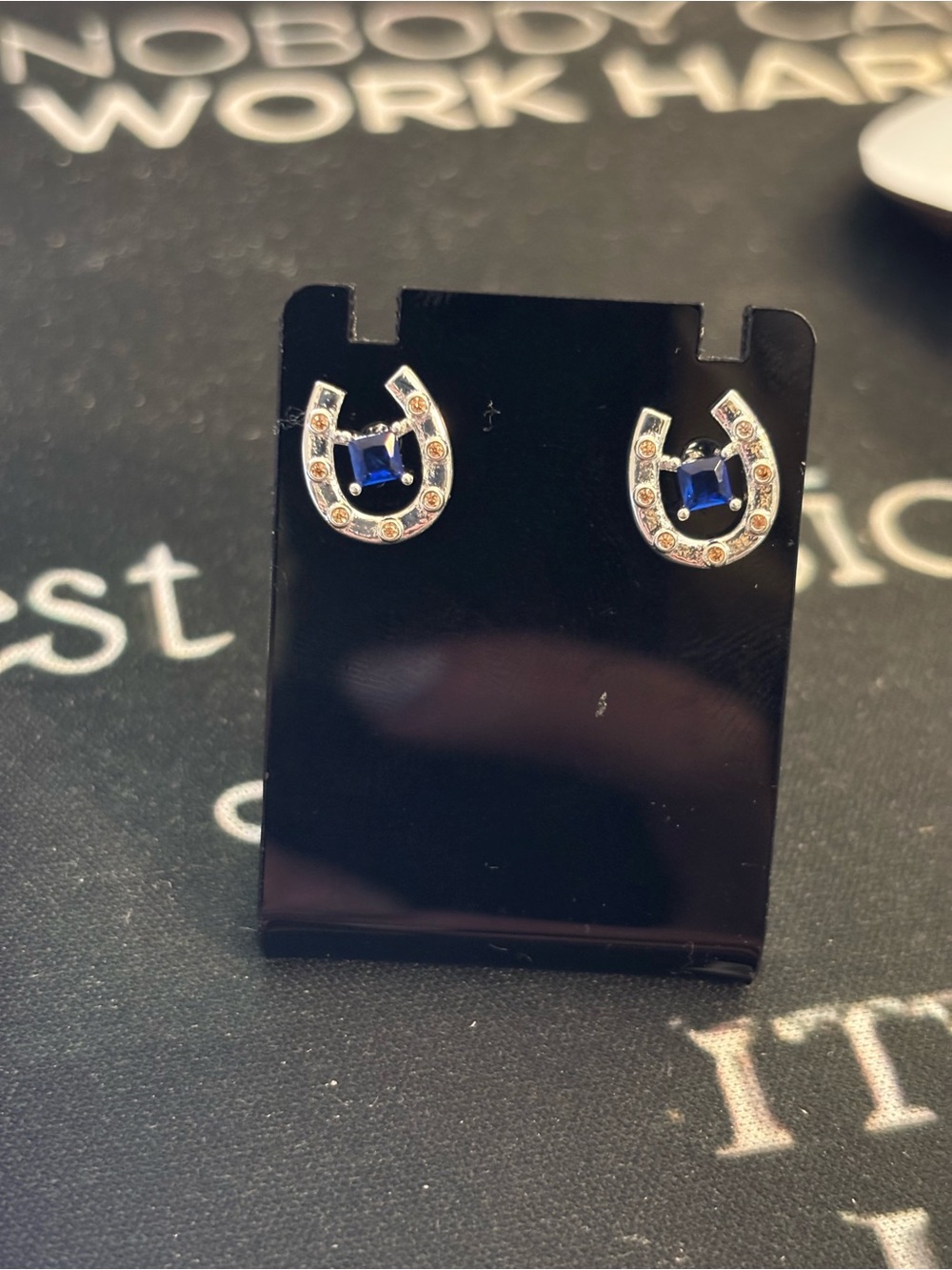 Silver Horseshoe Stud Earrings with Blue Crystal Center